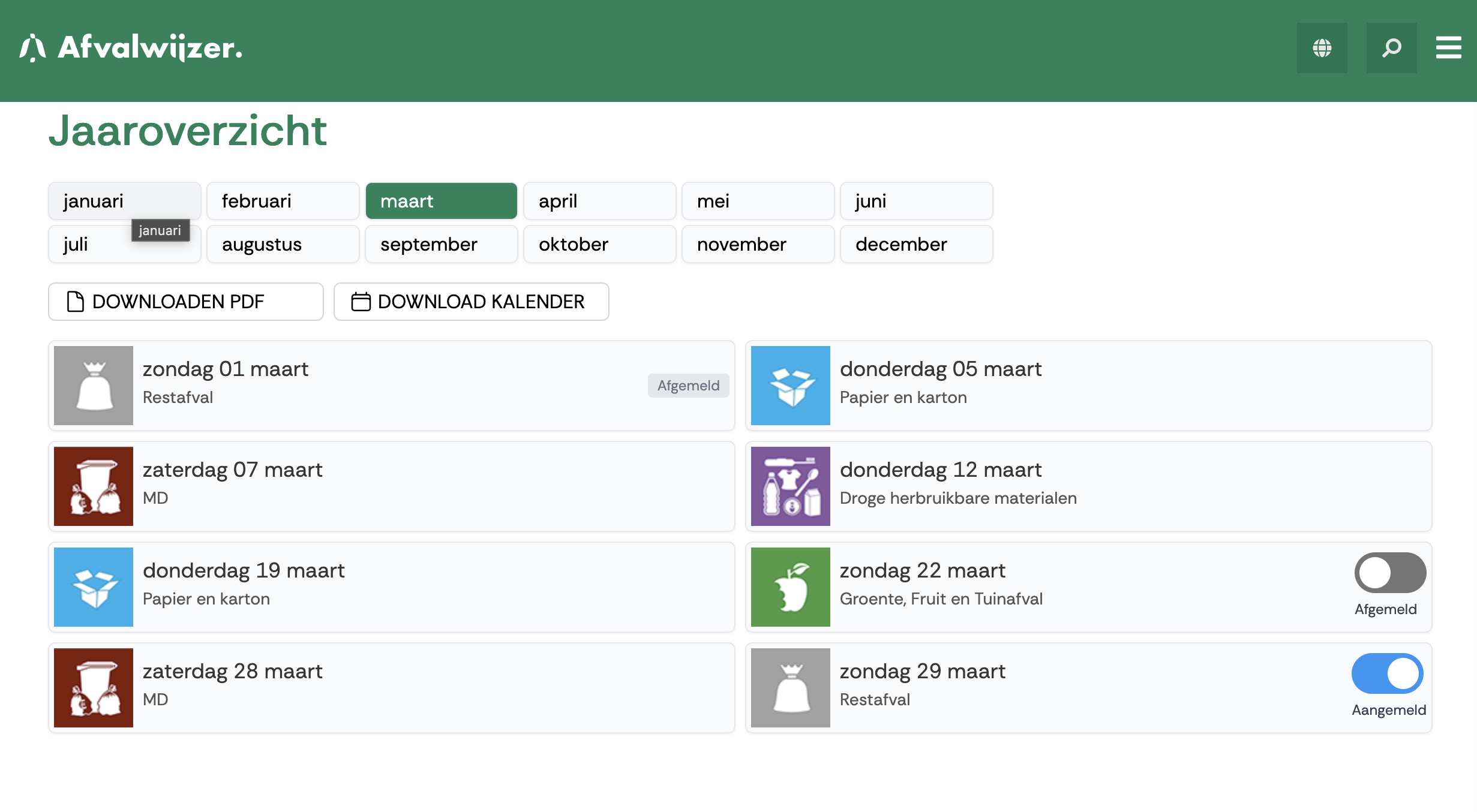 screenshot of afvalwijzer